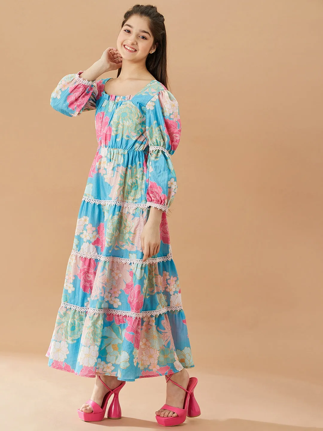 Girls Floral Printed Fit And Flare Tiered Cotton Maxi Dress - Ps Peaches