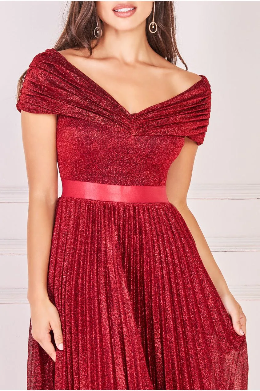 Goddiva Bardot Pleated Skirt Maxi Dress - Wine