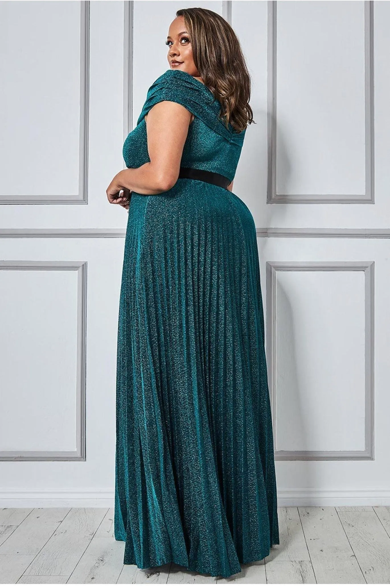 Goddiva Plus Bardot Pleated Skirt Maxi Dress - Emerald Green