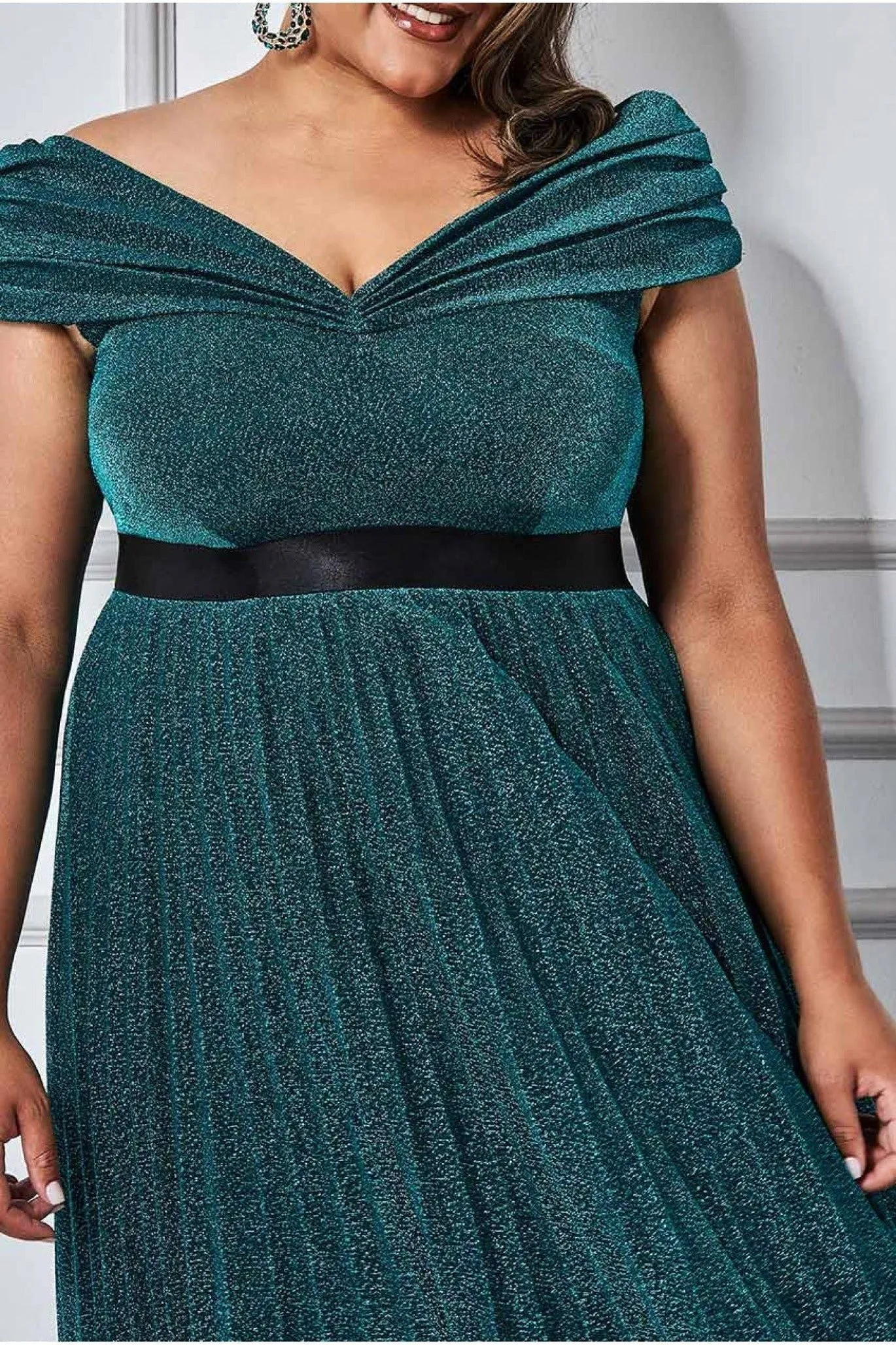 Goddiva Plus Bardot Pleated Skirt Maxi Dress - Emerald Green