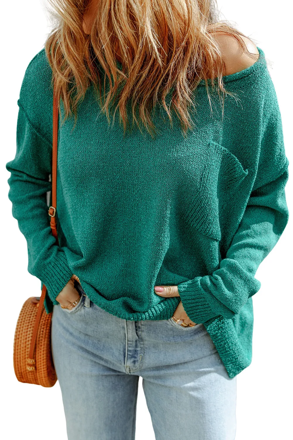 Green Solid Color Drop Shoulder Knitted Pullover Sweater