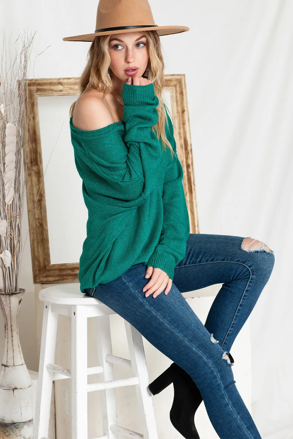 Green Solid Color Drop Shoulder Knitted Pullover Sweater