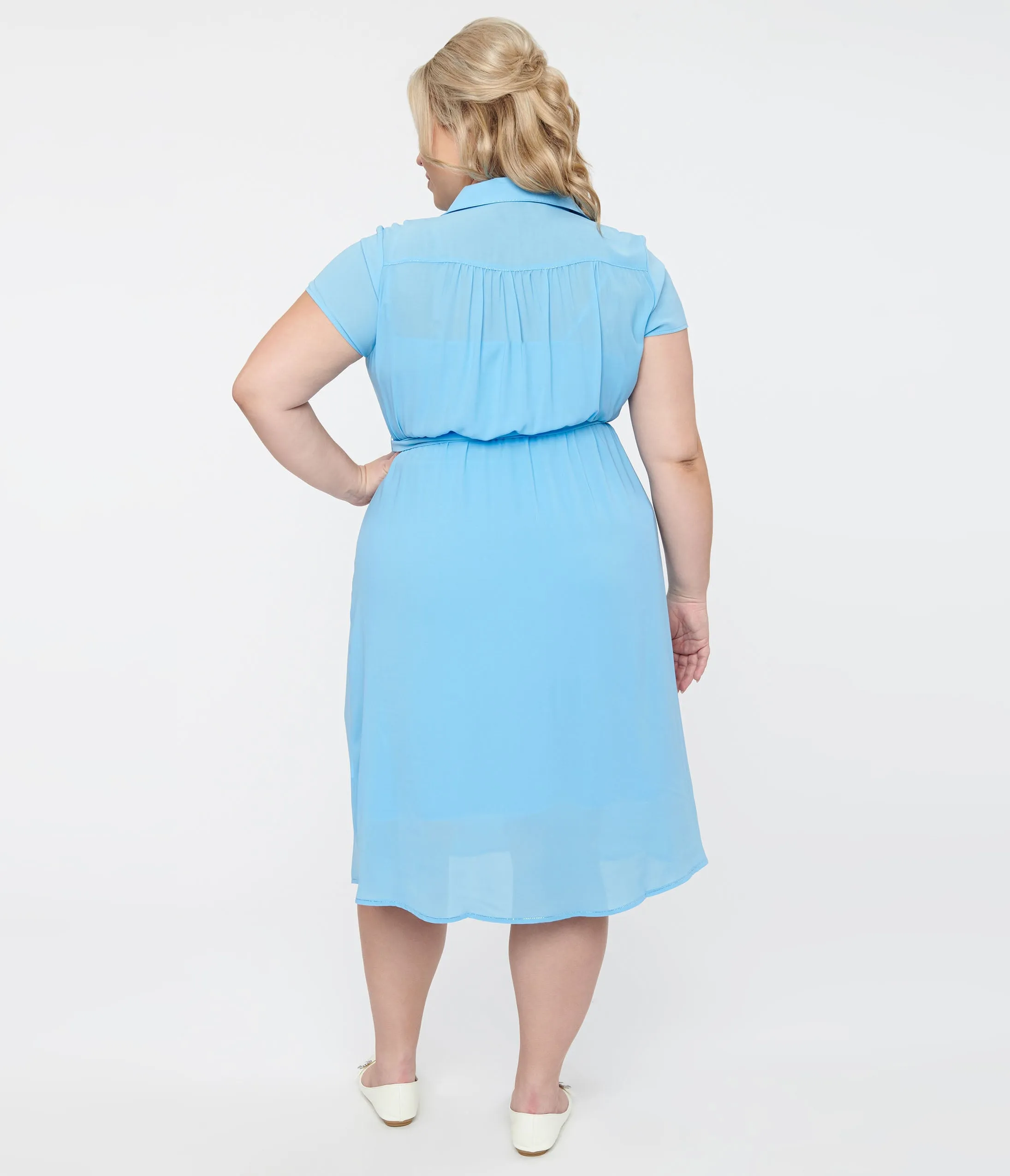 Hell Bunny Plus Size 1930s Baby Blue Chiffon Midi Pearl Dress