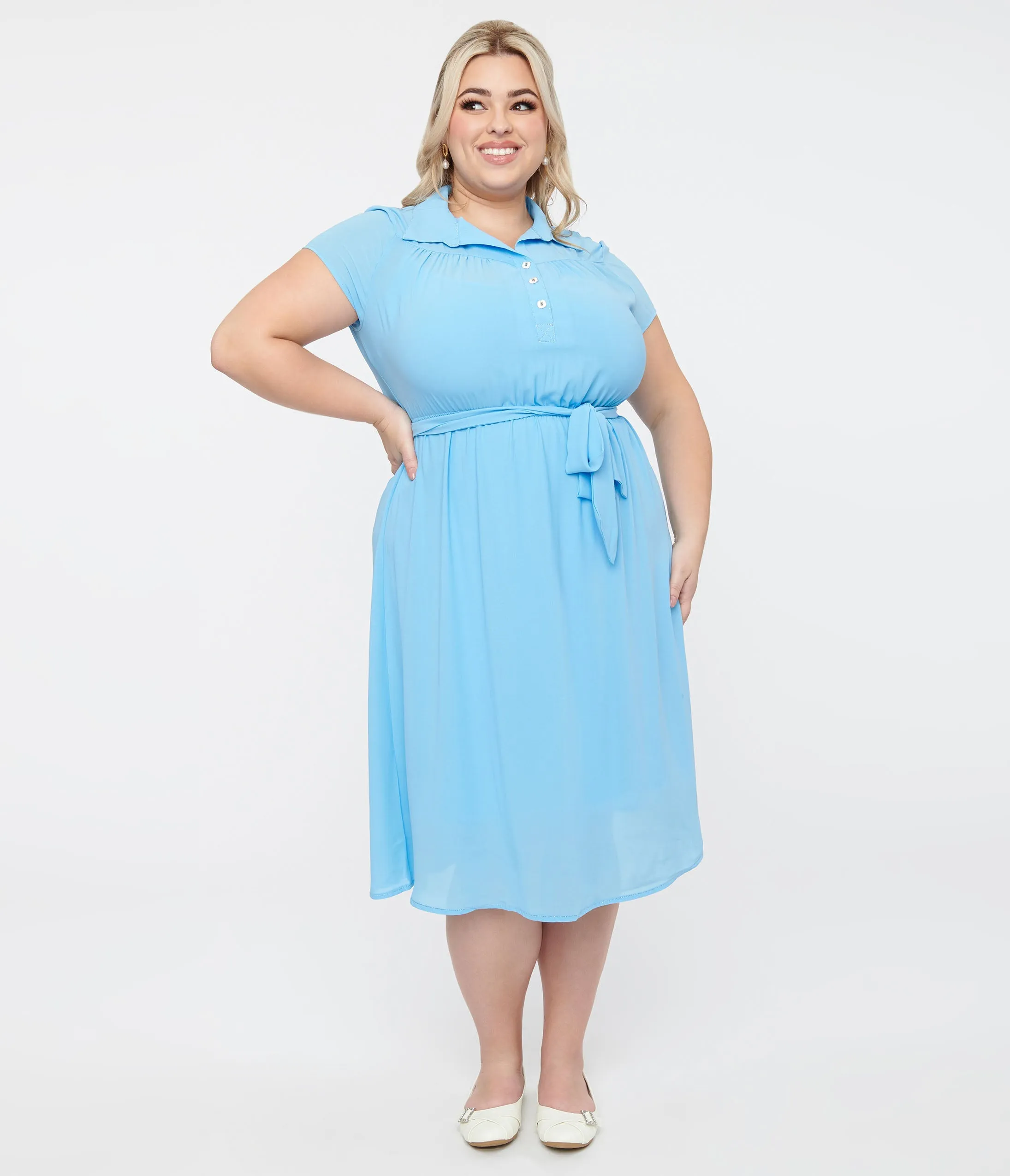 Hell Bunny Plus Size 1930s Baby Blue Chiffon Midi Pearl Dress