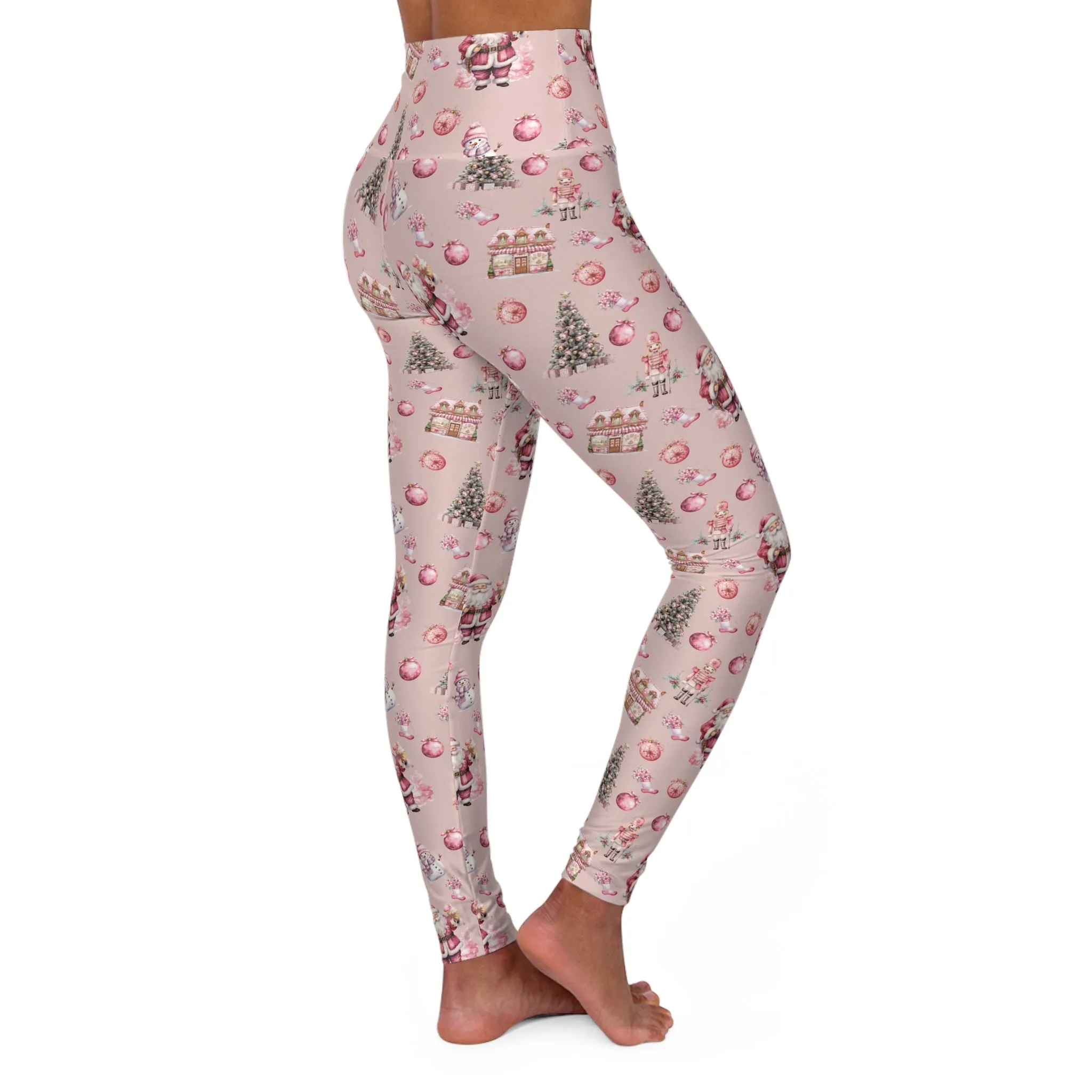 High Waisted Yoga Leggings, Pink Christmas