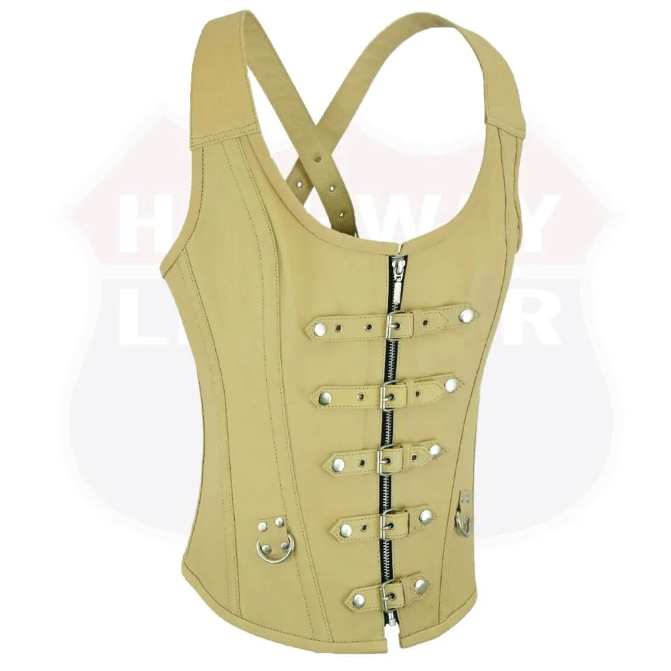 HL14077TAN TAN Corset Real Leather Steel Boned Strap Lacing Bustier