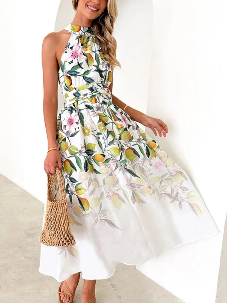 Holiday Printed Long Women 2024 Summer New Fashion Halter Printing Waist Slim Sleeveless Maxi Dress