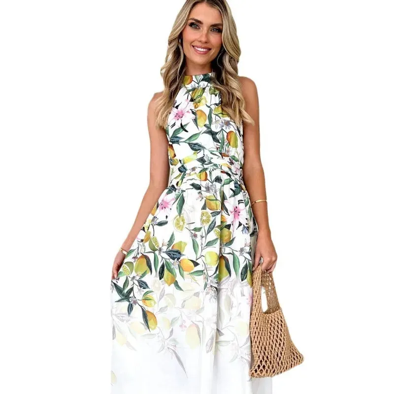 Holiday Printed Long Women 2024 Summer New Fashion Halter Printing Waist Slim Sleeveless Maxi Dress