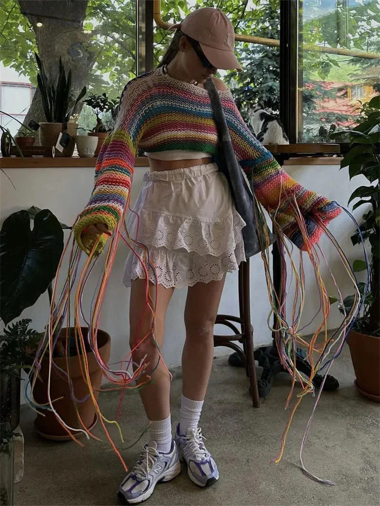 Holiday Rainbow Loose Crop Sexy Fashion Tassels Sweater