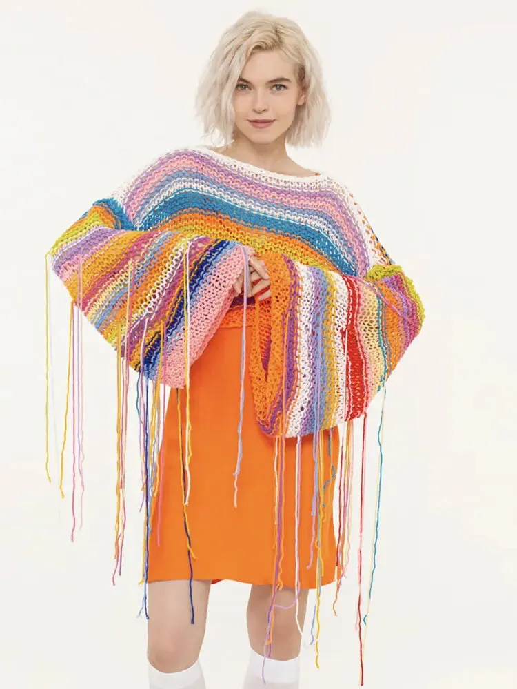 Holiday Rainbow Loose Crop Sexy Fashion Tassels Sweater