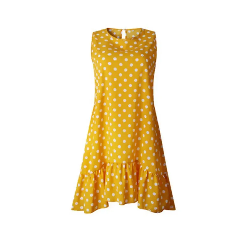 Holiday Summer Casual Sun Ruffles Dotted O-neck Tank Vacation A-Line Sleeveless Flouncing Dress