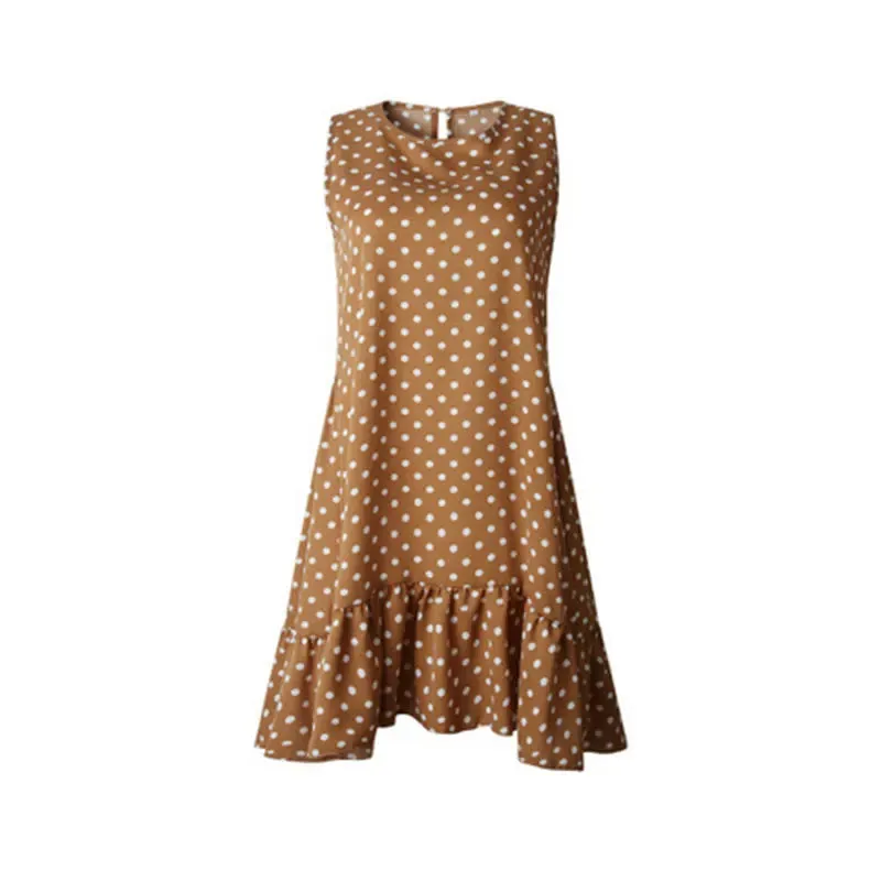 Holiday Summer Casual Sun Ruffles Dotted O-neck Tank Vacation A-Line Sleeveless Flouncing Dress