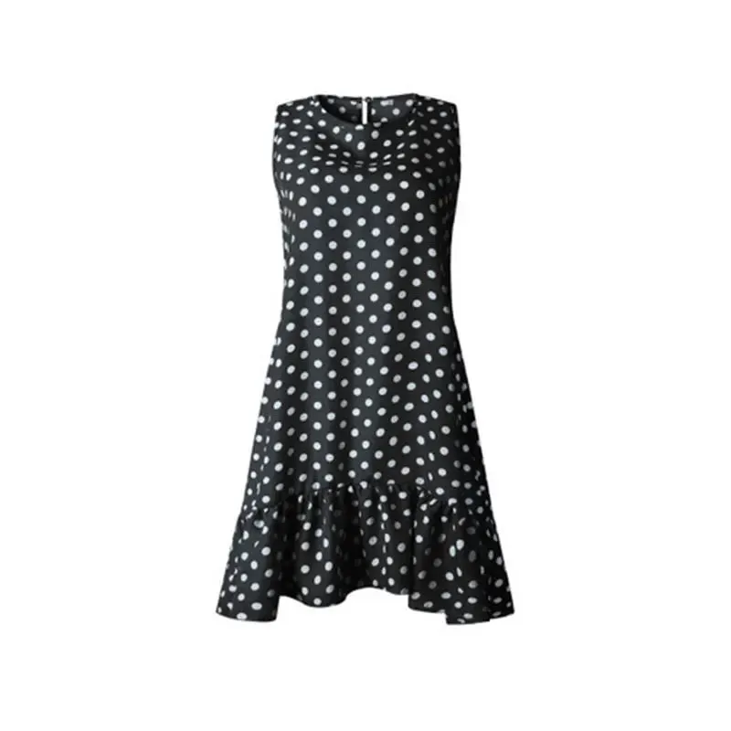 Holiday Summer Casual Sun Ruffles Dotted O-neck Tank Vacation A-Line Sleeveless Flouncing Dress