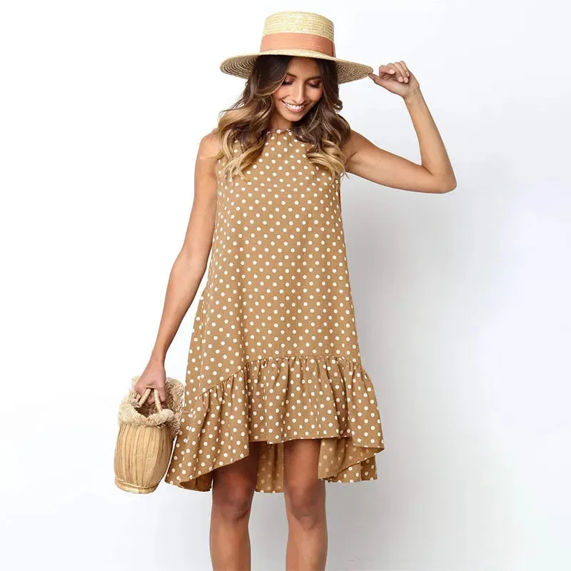 Holiday Summer Casual Sun Ruffles Dotted O-neck Tank Vacation A-Line Sleeveless Flouncing Dress