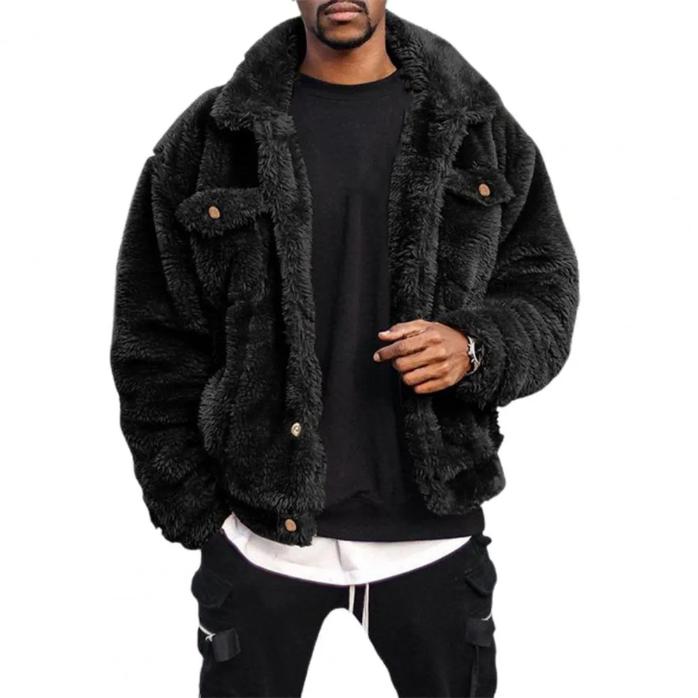 Jinquedai Winter Coat Solid Color Plush Simple Fluffy Men Jacket Hip-hop Style Winter Coat