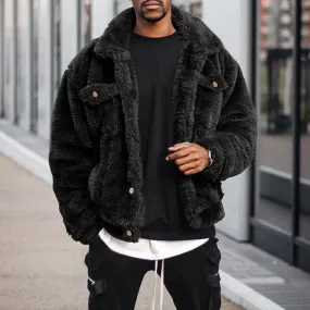 Jinquedai Winter Coat Solid Color Plush Simple Fluffy Men Jacket Hip-hop Style Winter Coat