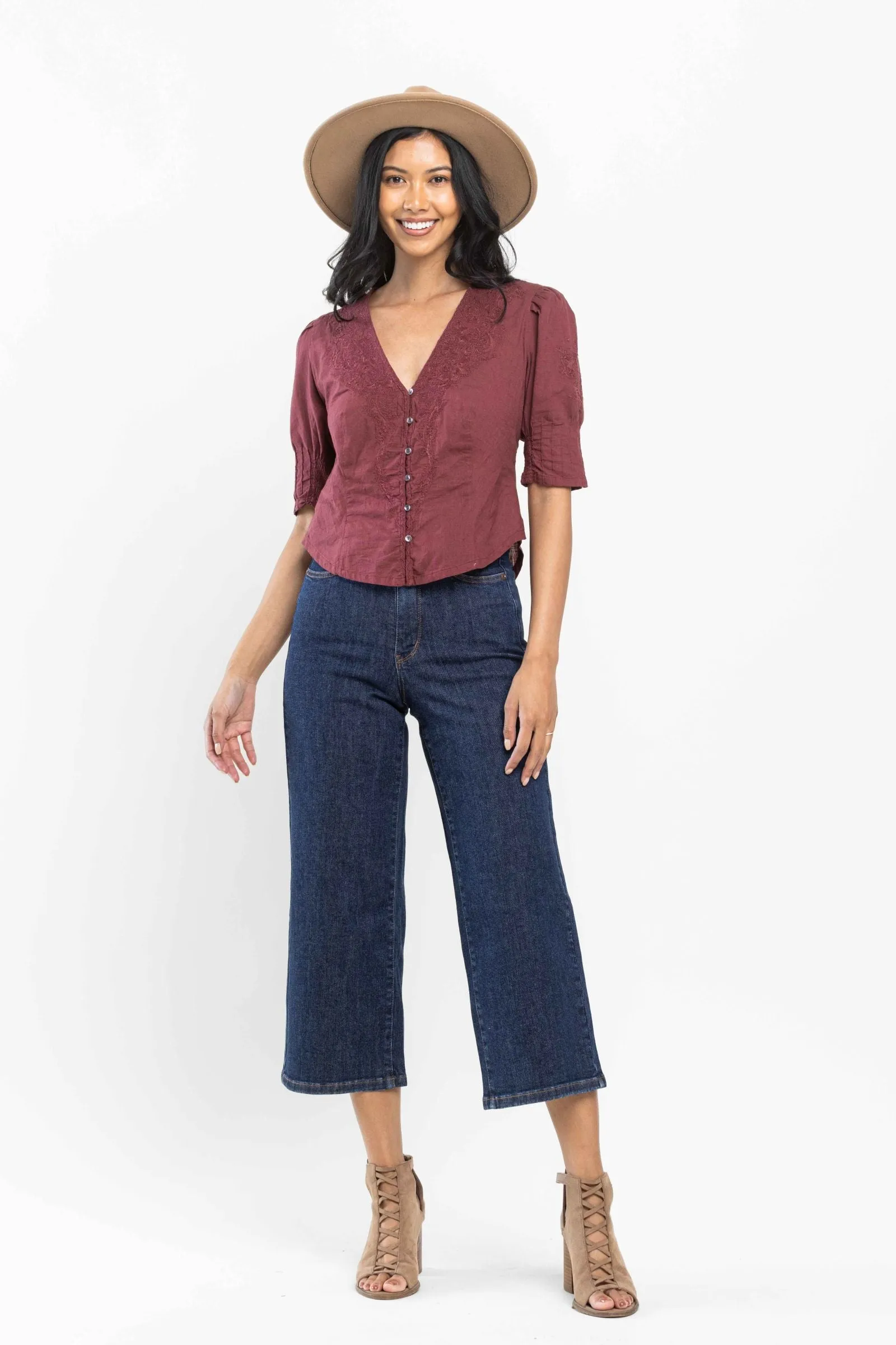 Judy Blue High Waist Tummy Control Tailored Wide Leg Crop Denim 88716