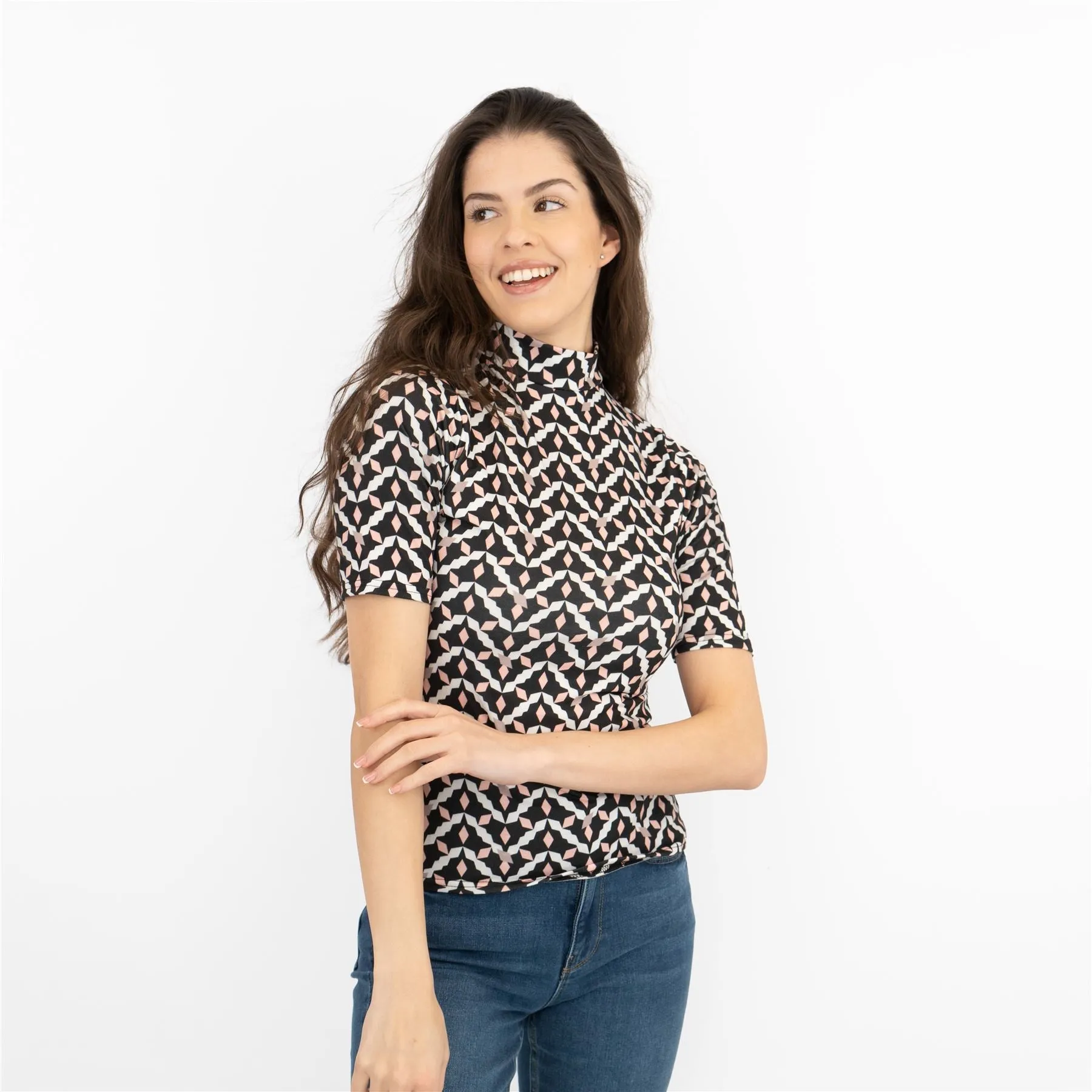 Karen Millen Black Geometric Print High Neck Short Sleeve Tops