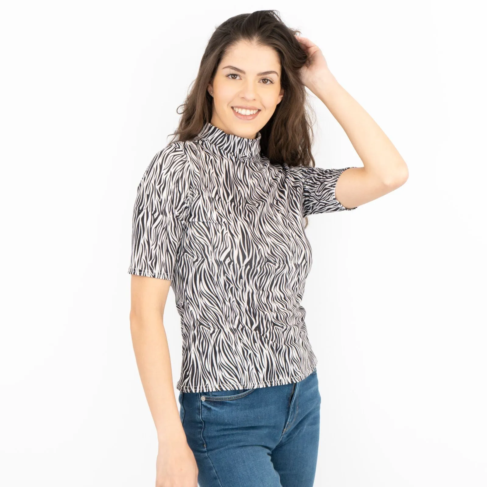 Karen Millen Black White Animal Print Short Sleeve Tops