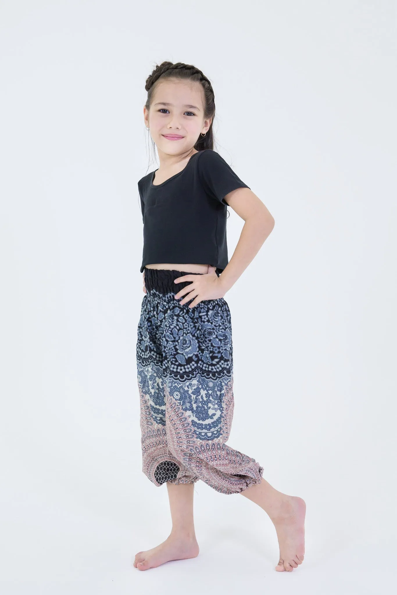 Kids Geometric Mandalas Harem Pants in Silver Gray