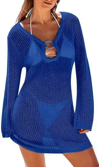 Knitted Beach Sheer Long Sleeve Slim Summer Fashion Holiday Party Mini Dress