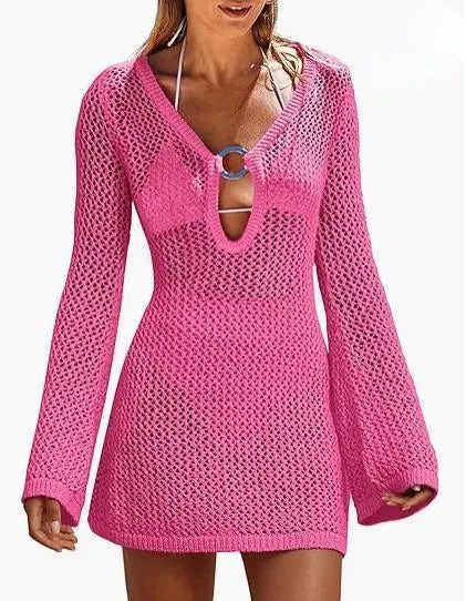 Knitted Beach Sheer Long Sleeve Slim Summer Fashion Holiday Party Mini Dress