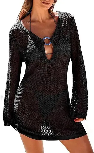 Knitted Beach Sheer Long Sleeve Slim Summer Fashion Holiday Party Mini Dress