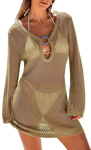 Knitted Beach Sheer Long Sleeve Slim Summer Fashion Holiday Party Mini Dress