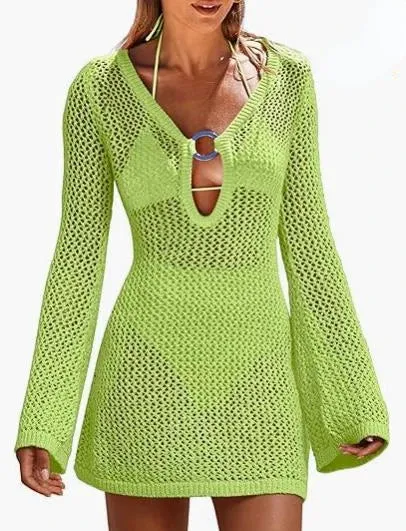 Knitted Beach Sheer Long Sleeve Slim Summer Fashion Holiday Party Mini Dress