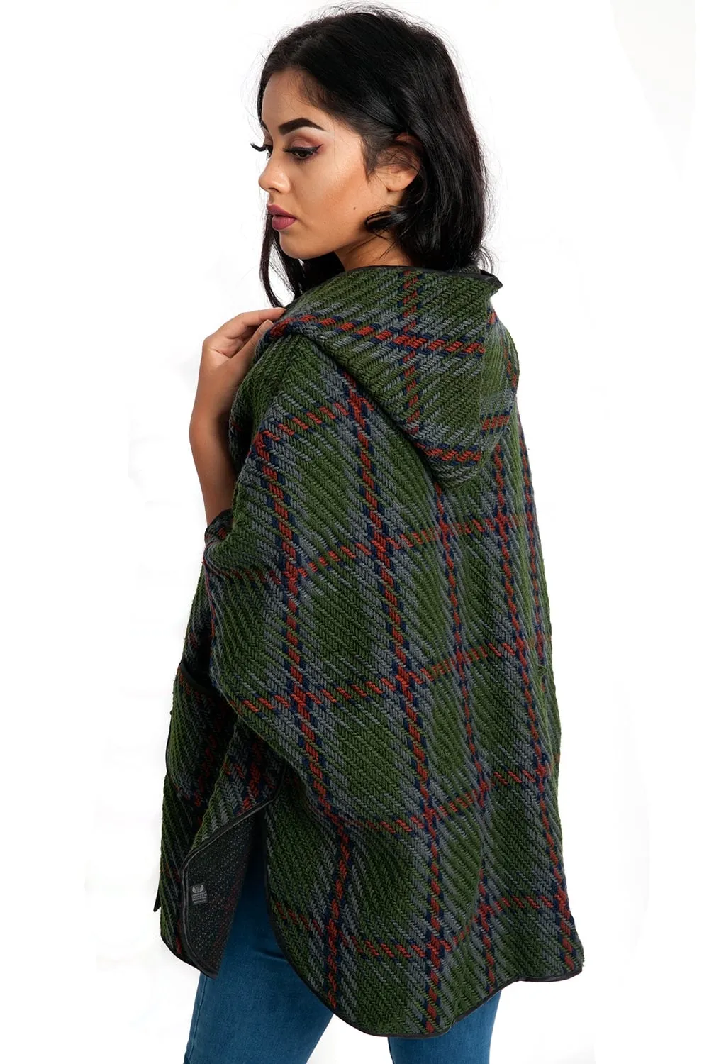 Knitted Checked Wool Mix Poncho Cardigan