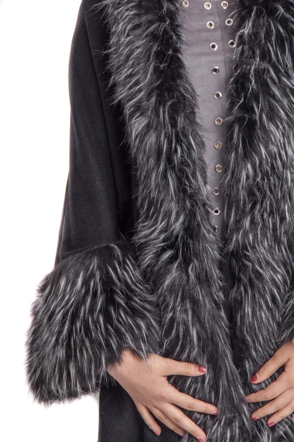 Knitted Faux Fur trim sleeve Poncho Cape