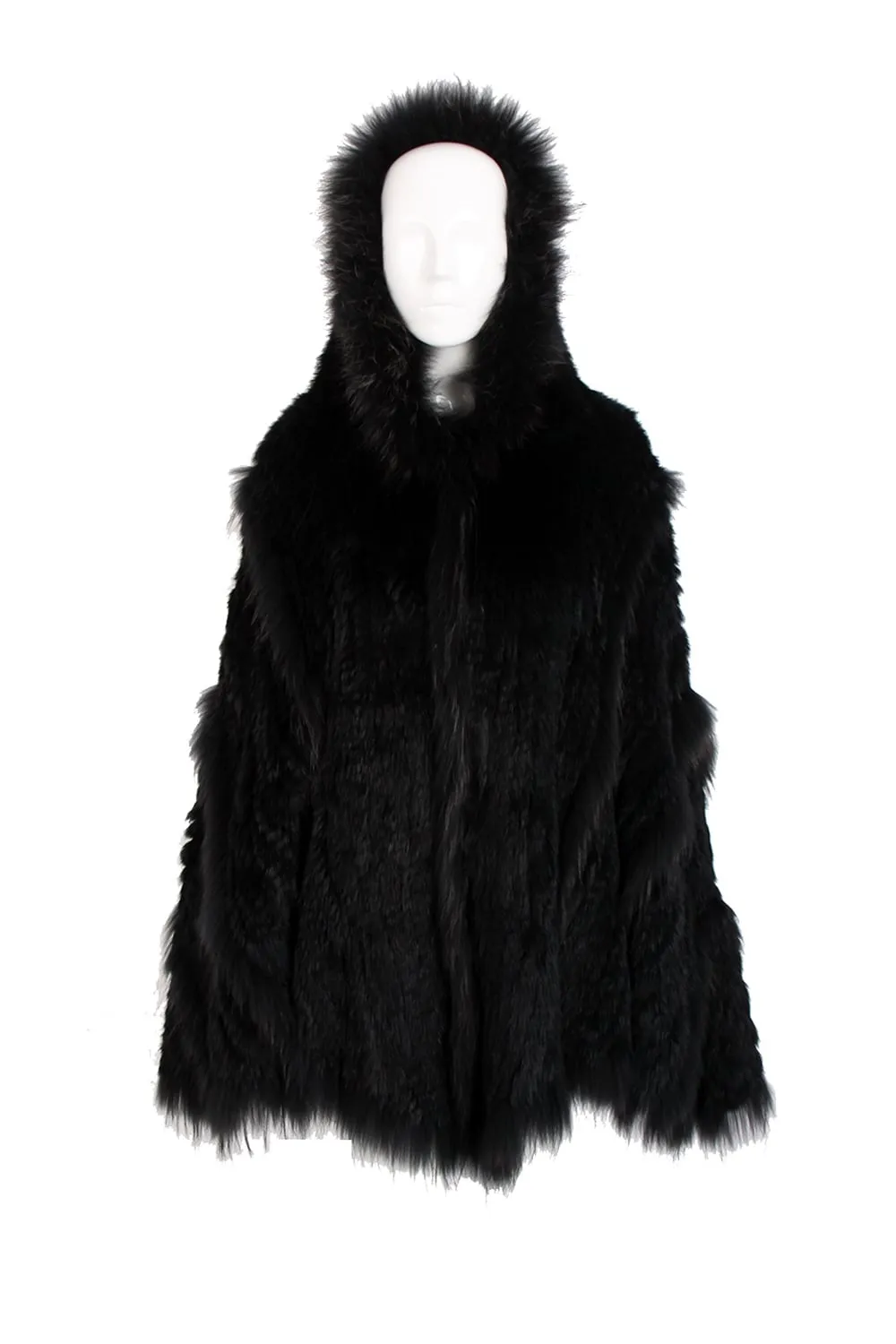 Knitted Rabbit Fur Hooded Swing Cape Poncho