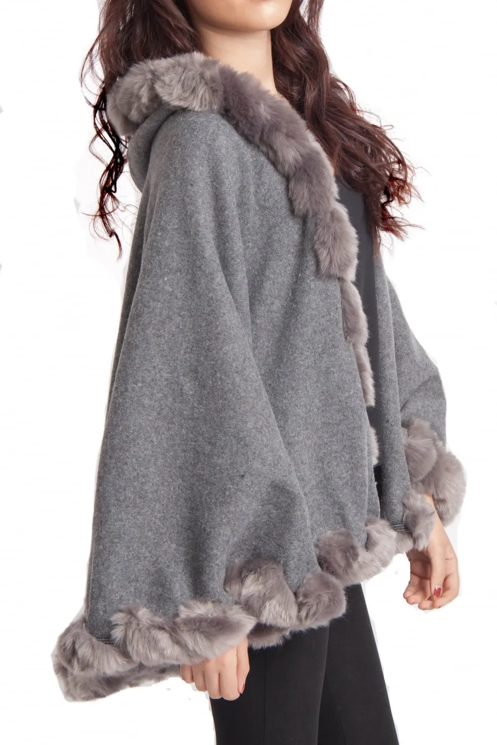 Knitted Soft Faux Fur Trim Poncho with Sleeves