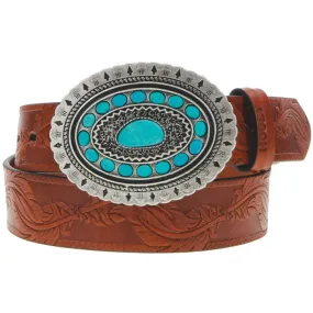 Ladies Hooey "Sioux" Belt Natural/Brown with Turquoise Rodeo Buckle - HWBLT001