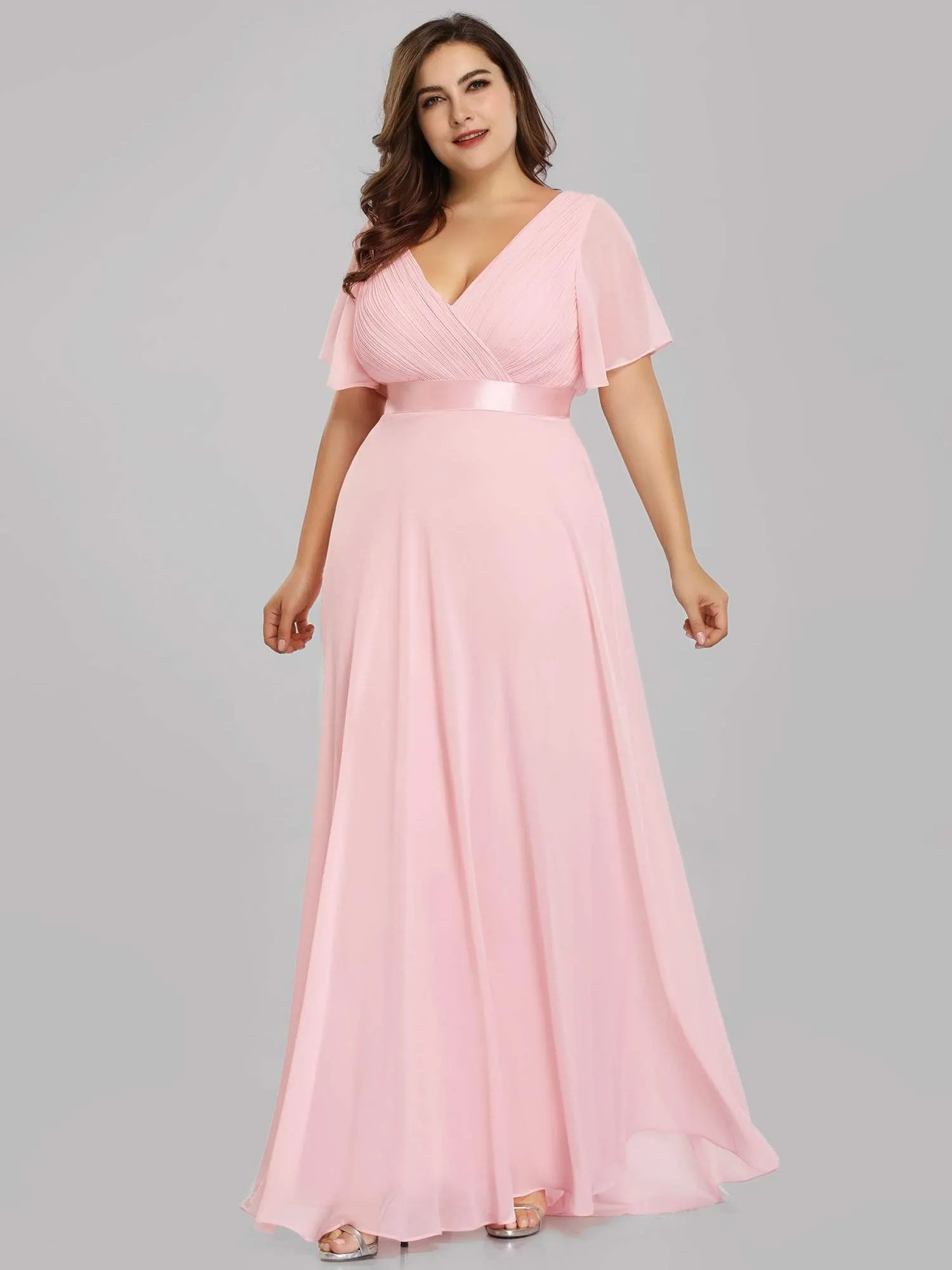 Long Empire Waist Evening Dress with Short Flutter Sleeves