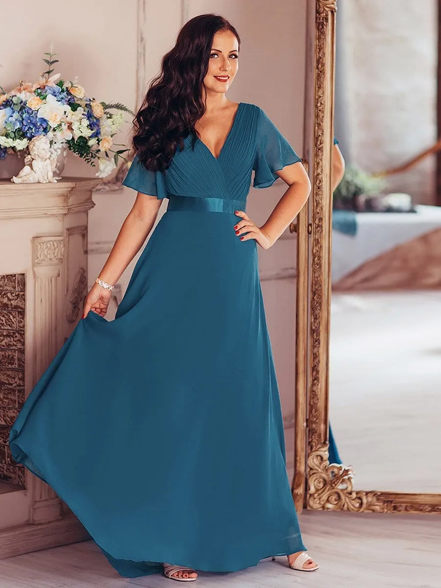 Long Empire Waist Evening Dress with Short Flutter Sleeves