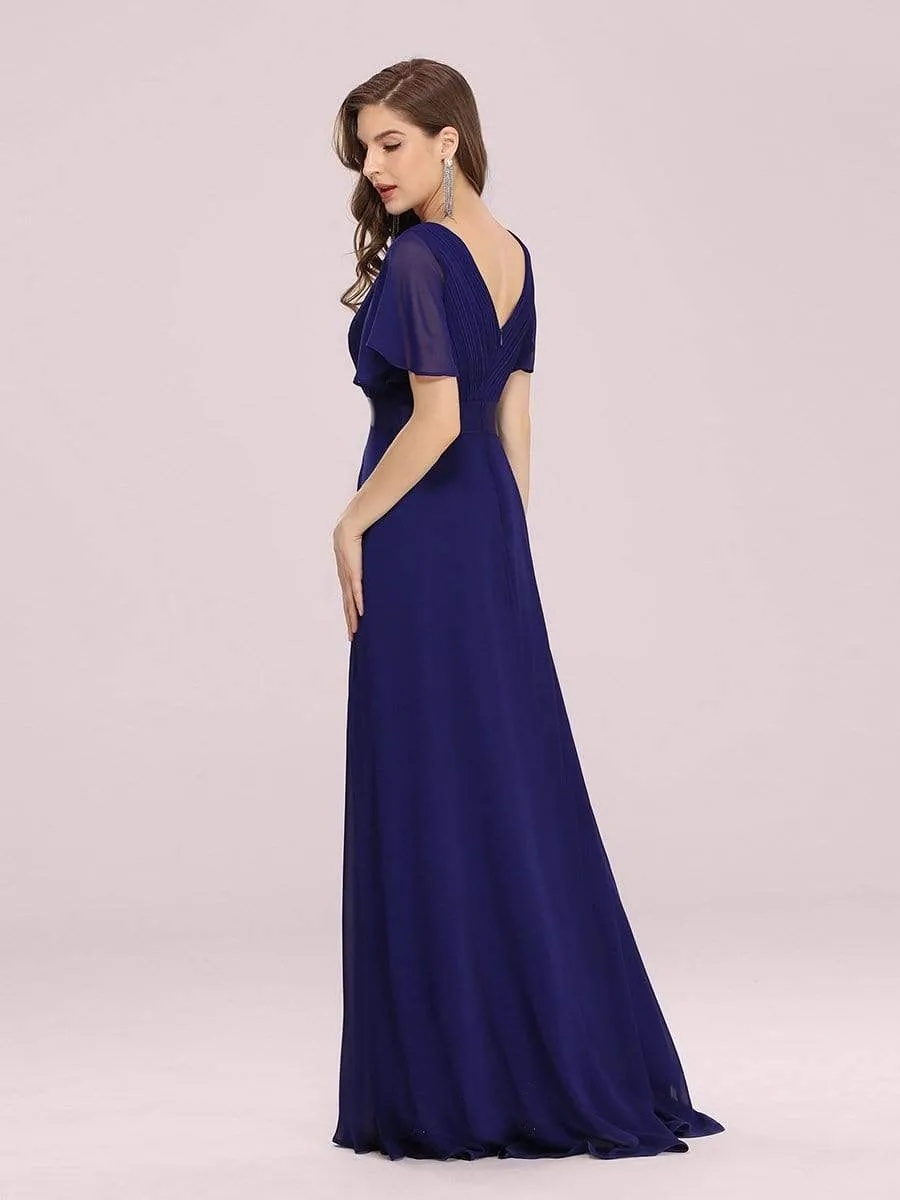 Long Empire Waist Evening Dress with Short Flutter Sleeves