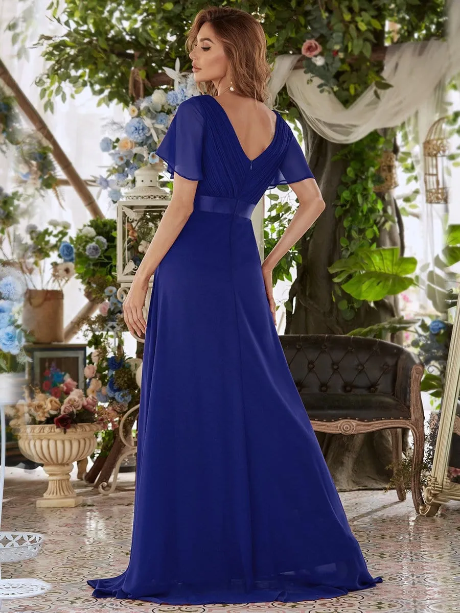 Long Empire Waist Evening Dress with Short Flutter Sleeves