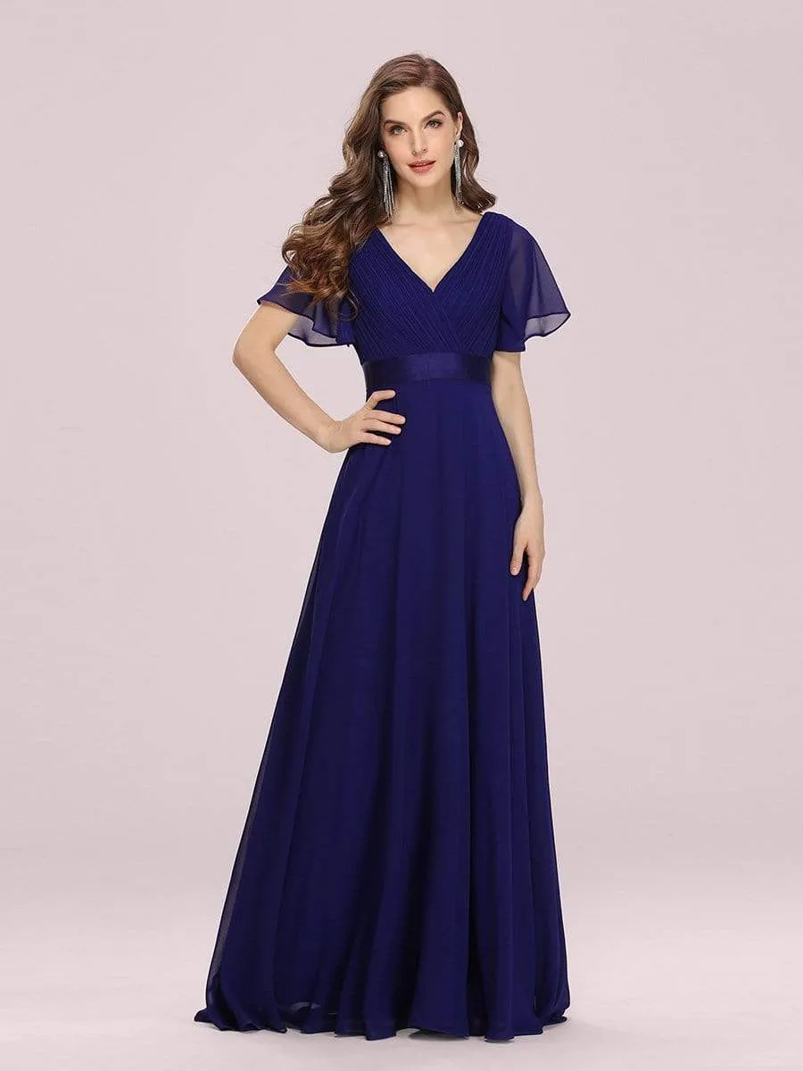 Long Empire Waist Evening Dress with Short Flutter Sleeves