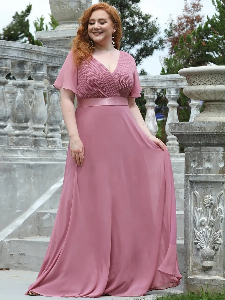 Long Empire Waist Evening Dress with Short Flutter Sleeves