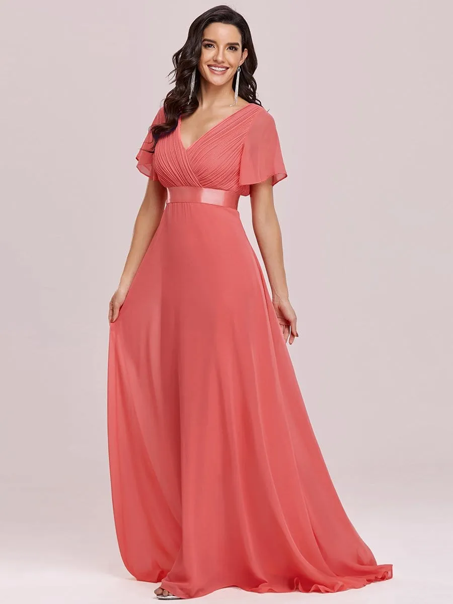 Long Empire Waist Evening Dress with Short Flutter Sleeves