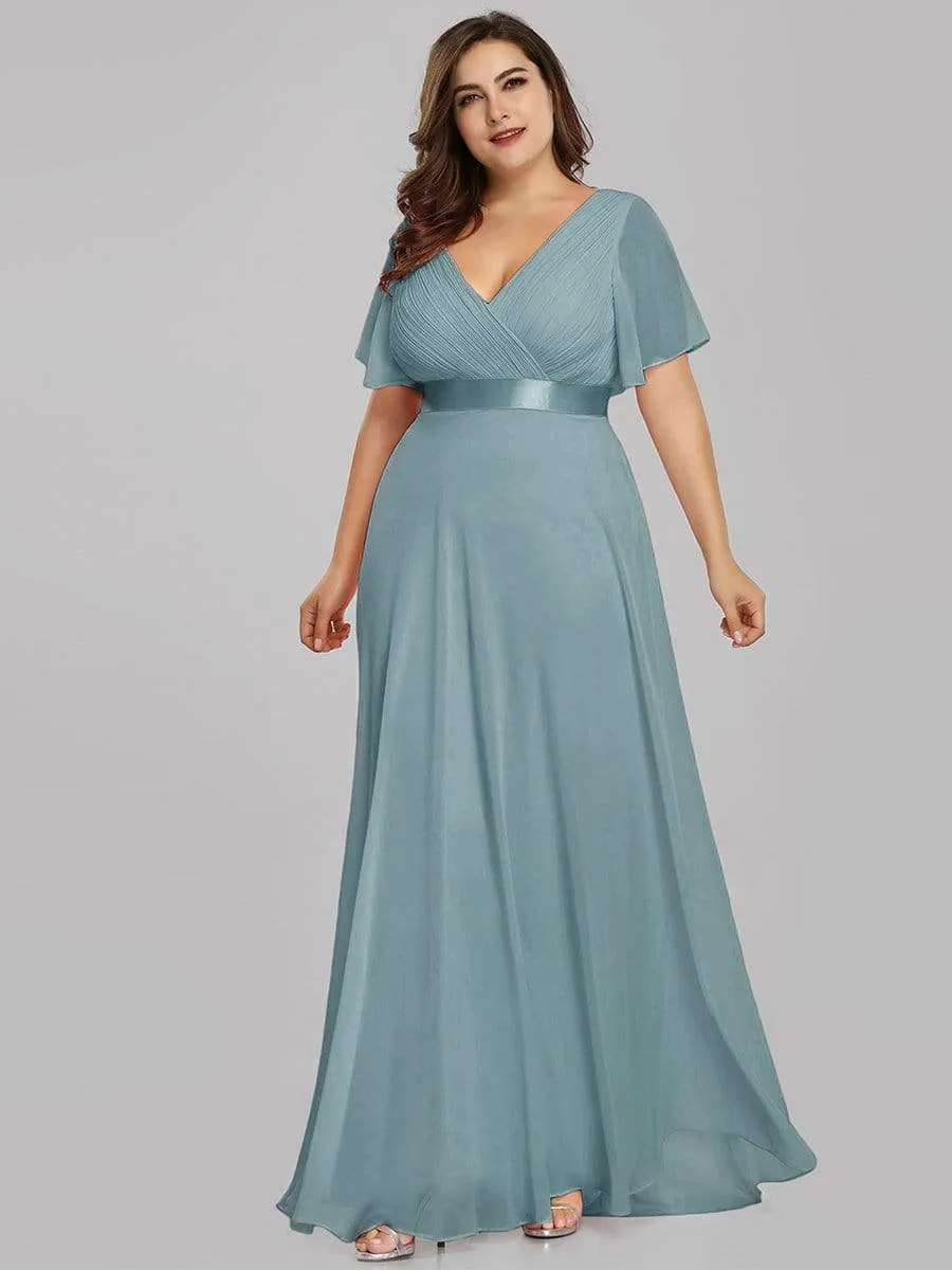 Long Empire Waist Evening Dress with Short Flutter Sleeves