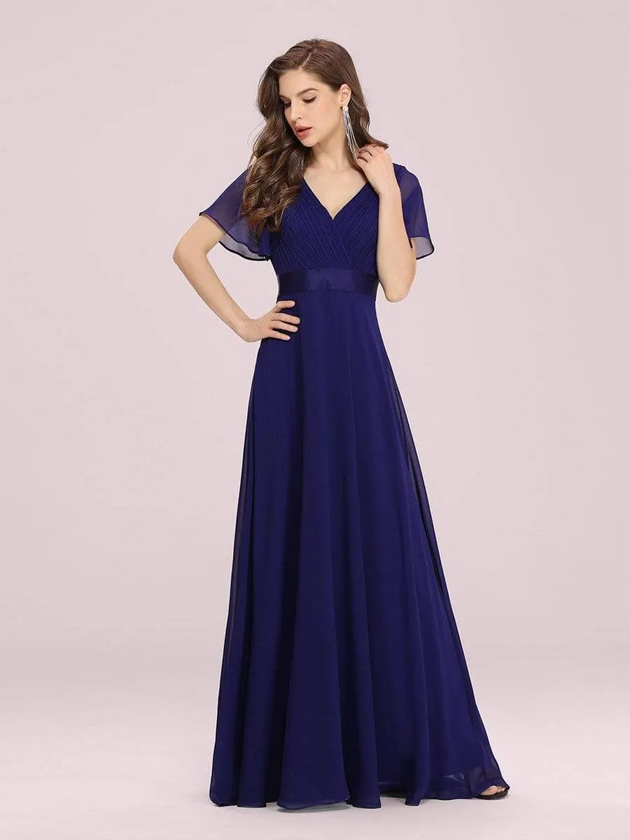 Long Empire Waist Evening Dress with Short Flutter Sleeves