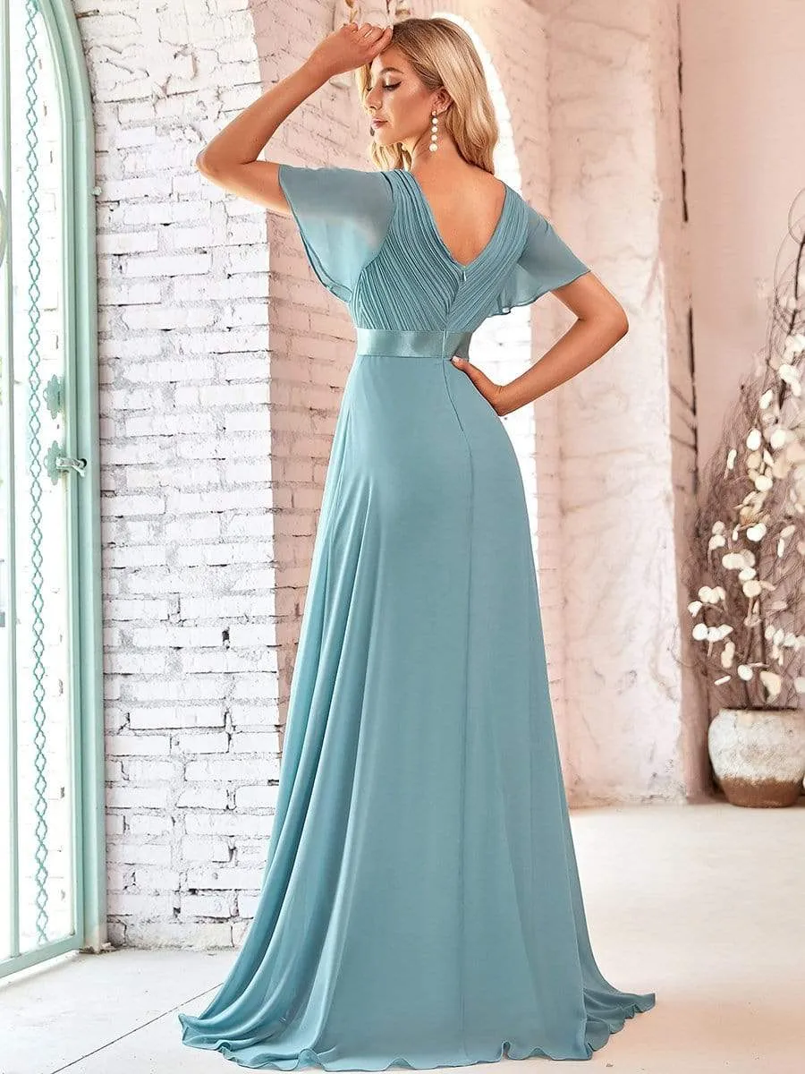 Long Empire Waist Evening Dress with Short Flutter Sleeves