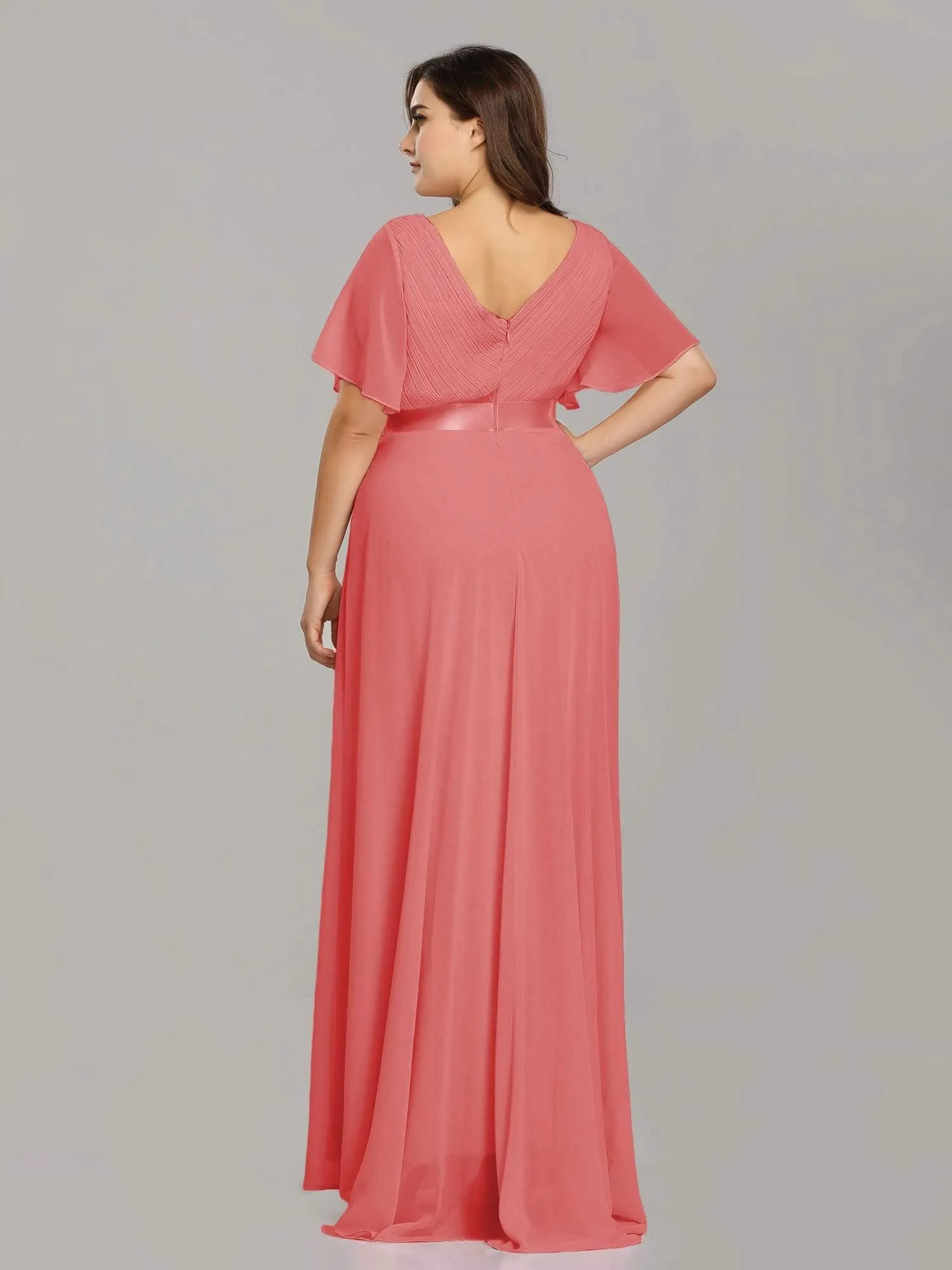 Long Empire Waist Evening Dress with Short Flutter Sleeves