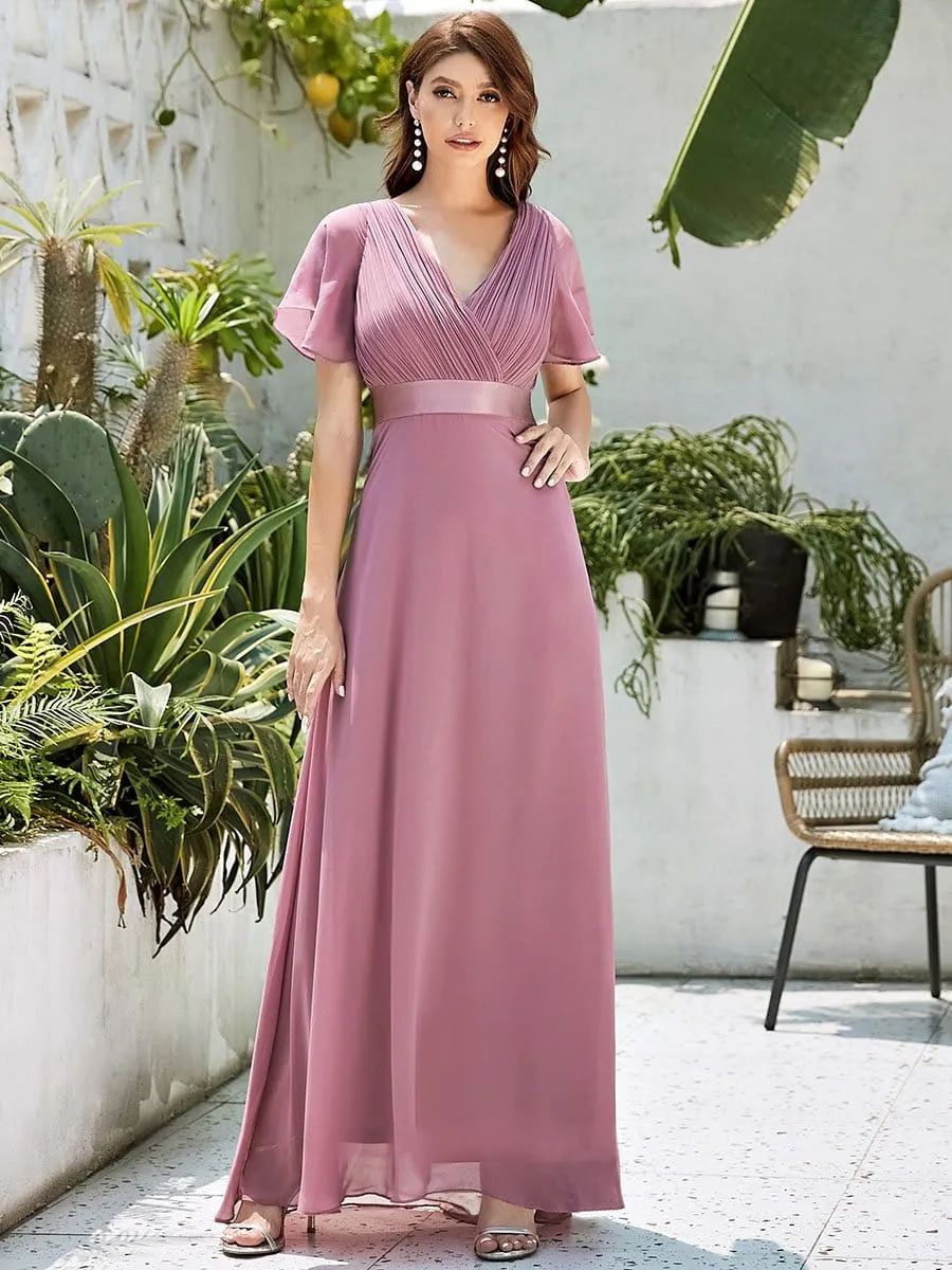 Long Empire Waist Evening Dress with Short Flutter Sleeves