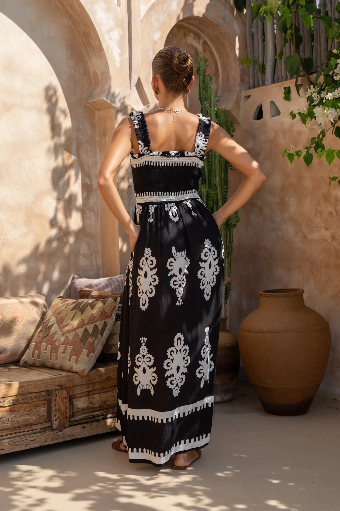 Luna Black Abstract Square Neck Maxi Dress