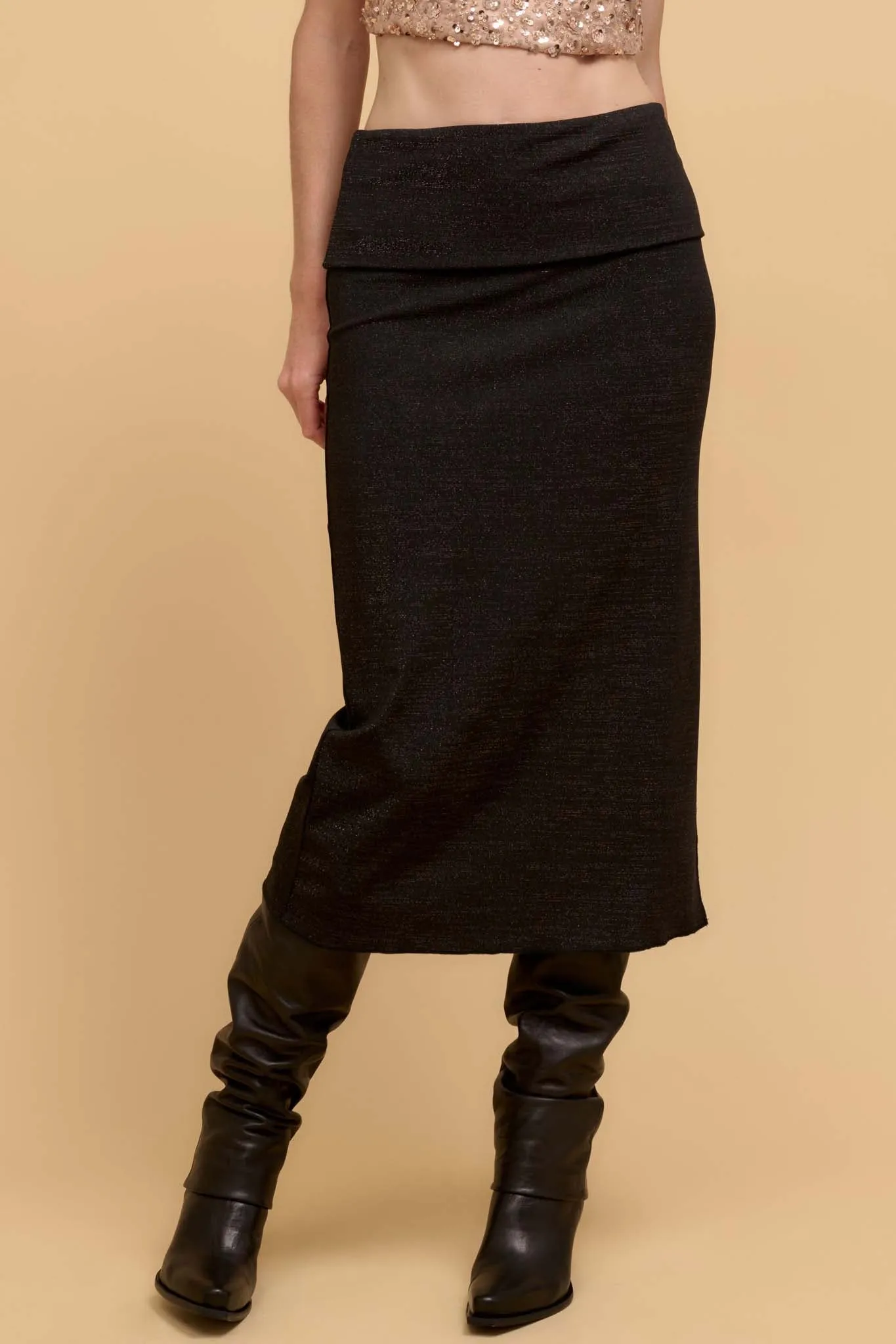 Make It Sparkle Shimmer Knit Foldover Midi Skirt