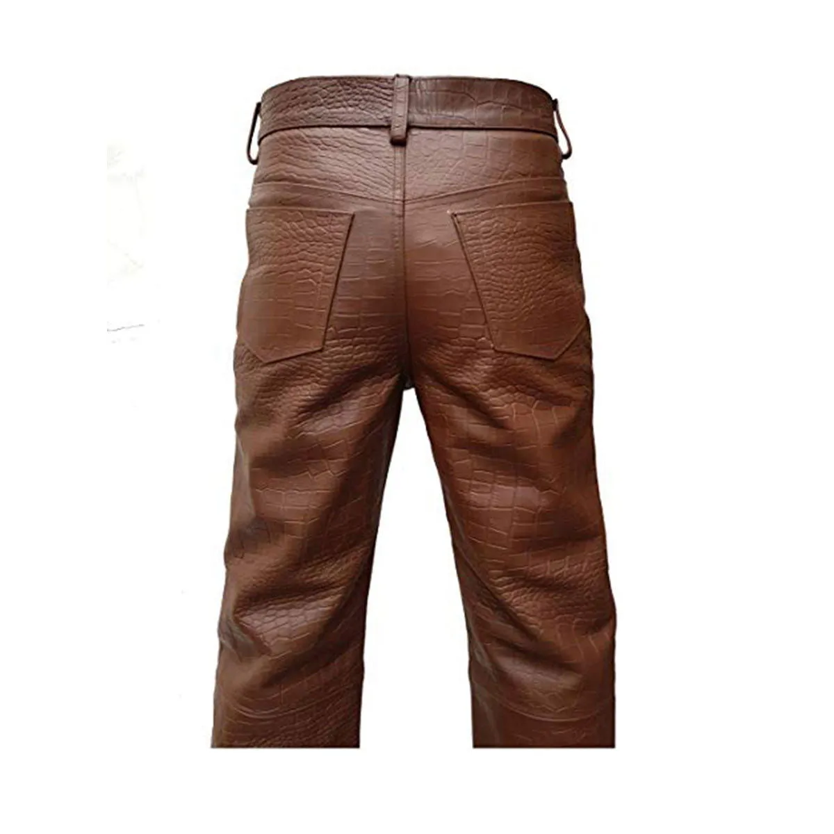 Men Crocodile Print 501 Style Brown Leather Jeans Pants Trouser Bikers Club-501