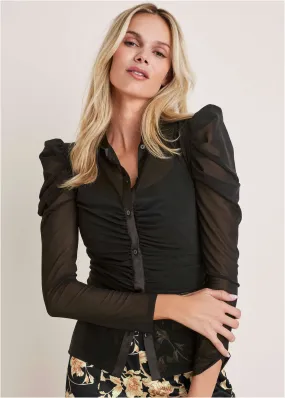 Mesh Button Front Top - Black